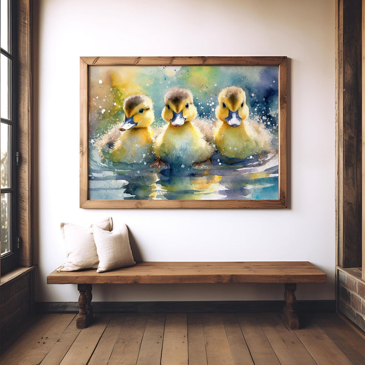 Ducklings Watercolour Painting, Colourful Bird Print, Cottagecore Farmhouse Decor, Original Living Room Wall Art, Wildlife Nature Home Decor