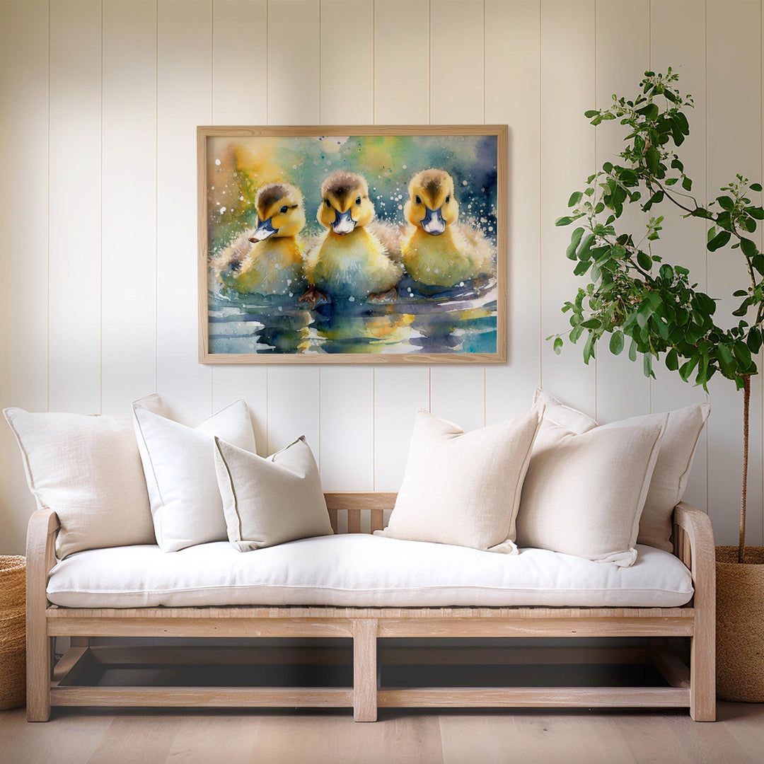 Ducklings Watercolour Painting, Colourful Bird Print, Cottagecore Farmhouse Decor, Original Living Room Wall Art, Wildlife Nature Home Decor