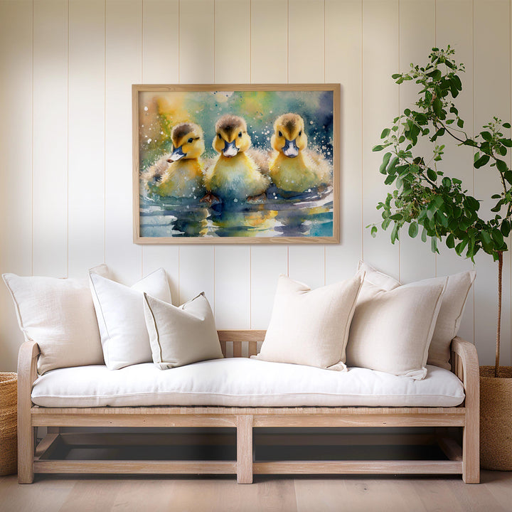 Ducklings Watercolour Painting, Colourful Bird Print, Cottagecore Farmhouse Decor, Original Living Room Wall Art, Wildlife Nature Home Decor