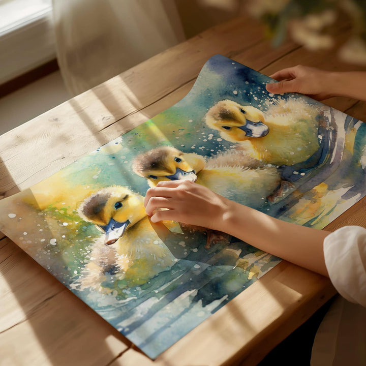 Ducklings Watercolour Painting, Colourful Bird Print, Cottagecore Farmhouse Decor, Original Living Room Wall Art, Wildlife Nature Home Decor