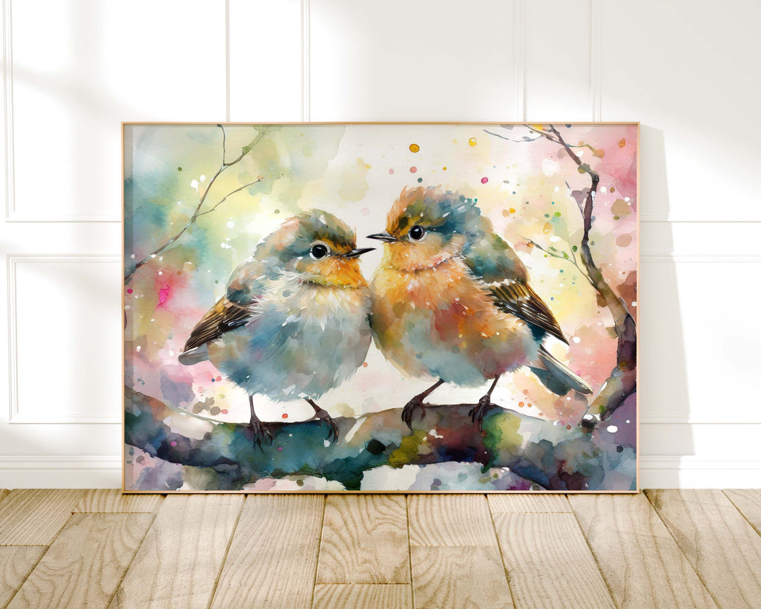 Birds Watercolour Painting, Colourful Bird Print, Cottagecore Farmhouse Decor, Original Living Room Wall Art, Nature Home Decor Gift For Her