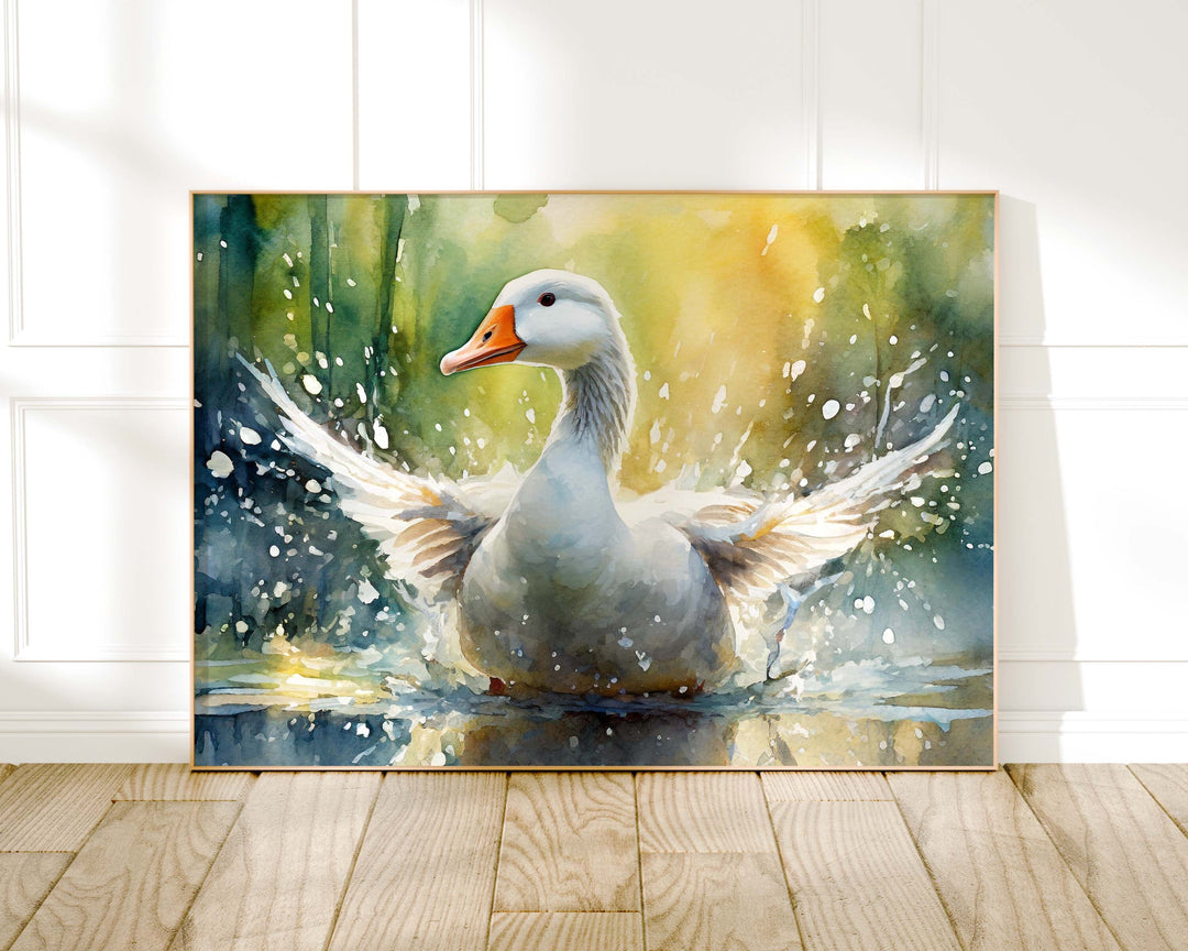 Goose Watercolour Painting, Colourful Bird Print, Cottagecore Farmhouse Decor, Living Room Wall Art, Wildlife Nature Gift For Art Lovers