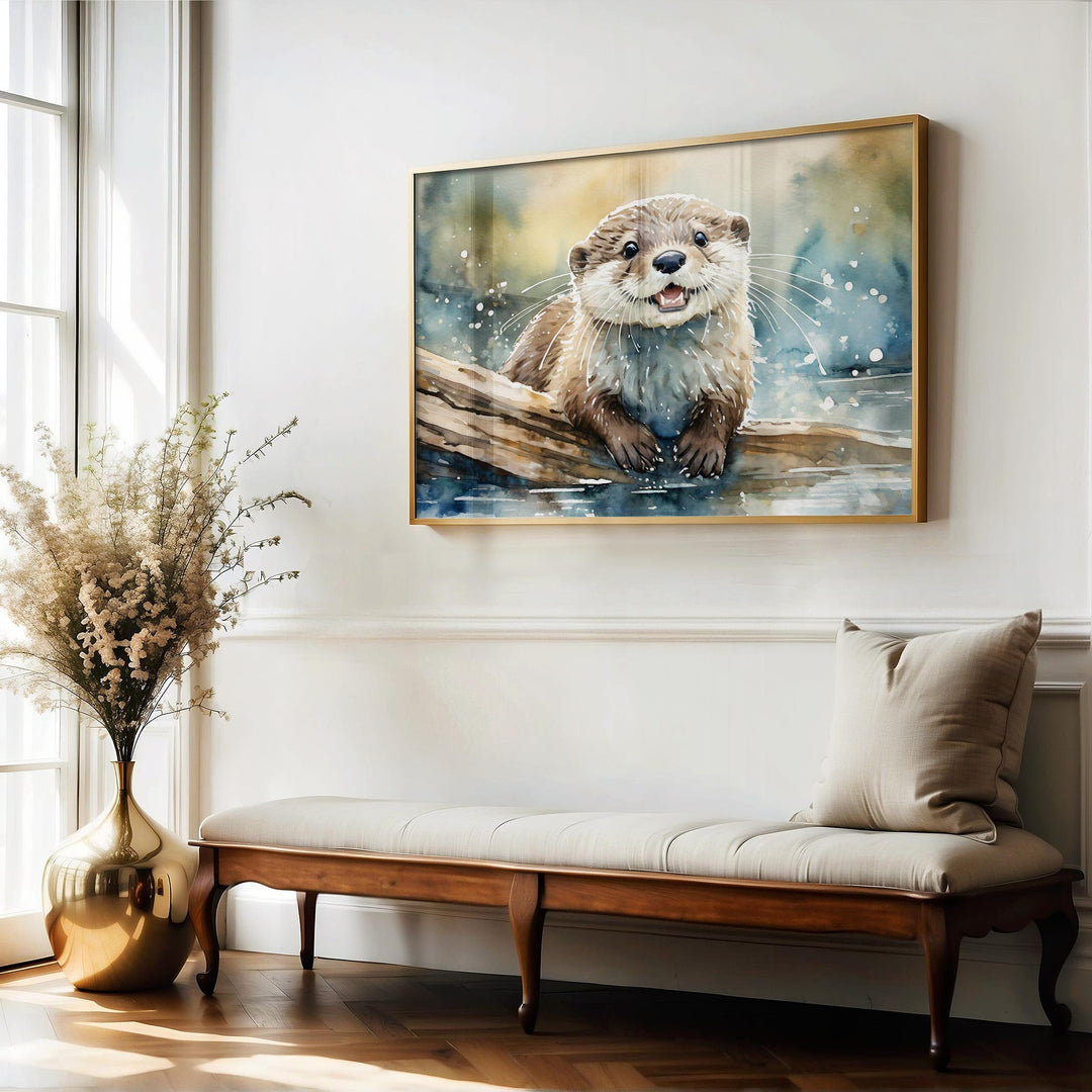 Otter Watercolour Painting, Wildlife Animal Print, Cottagecore Farmhouse Decor, Original Living Room Wall Art, Gift For Nature Art Lovers