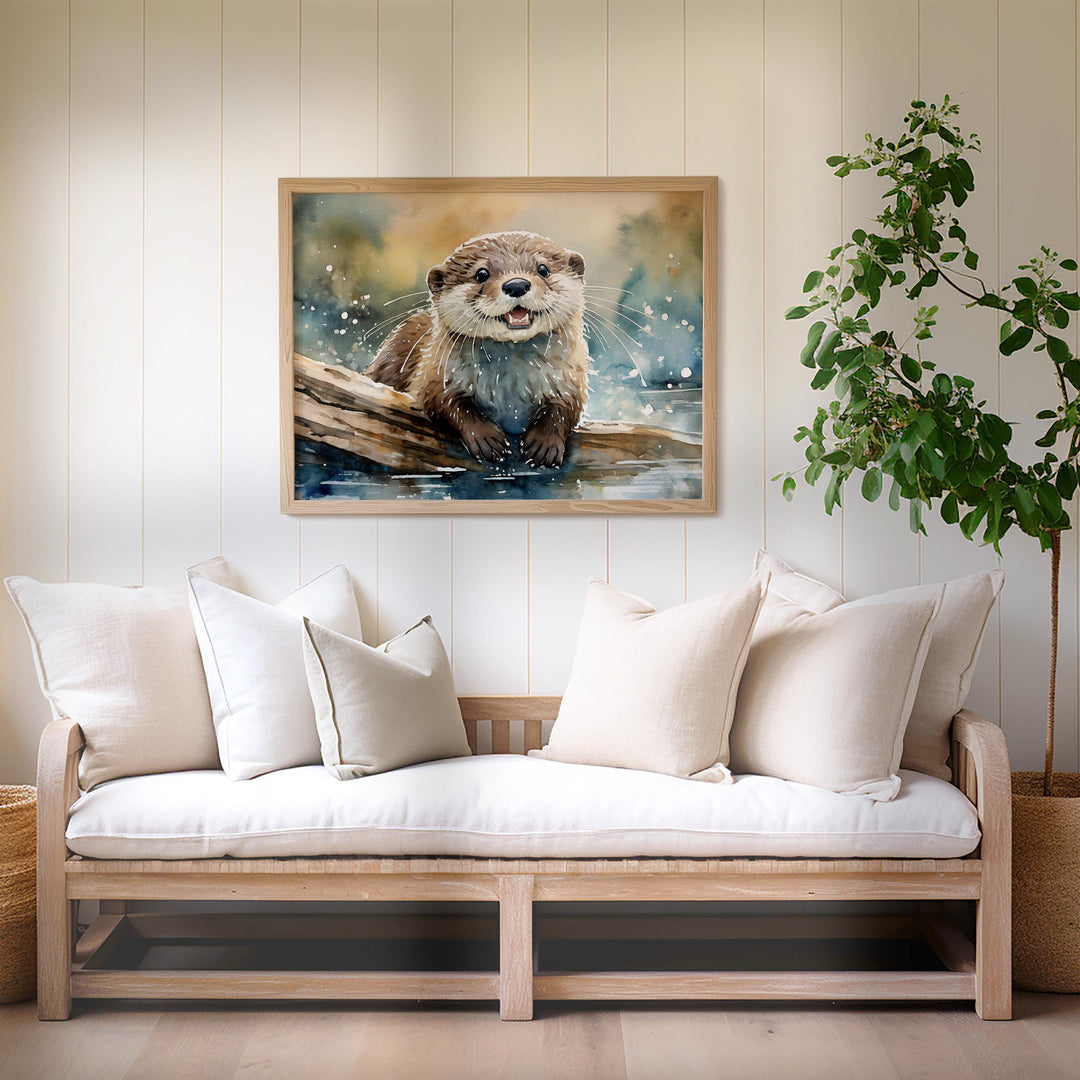 Otter Watercolour Painting, Wildlife Animal Print, Cottagecore Farmhouse Decor, Original Living Room Wall Art, Gift For Nature Art Lovers