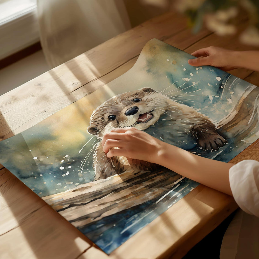 Otter Watercolour Painting, Wildlife Animal Print, Cottagecore Farmhouse Decor, Original Living Room Wall Art, Gift For Nature Art Lovers