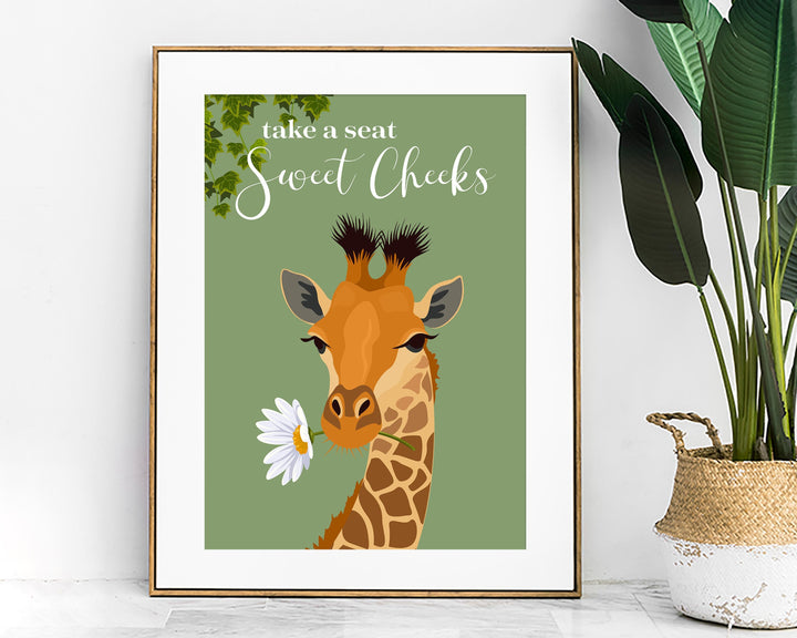 Take A Seat Sweet Cheeks Giraffe Bathroom Wall Art, Funny Animal Bathroom Print, Toilet Art, Maximalist Bathroom Decor, Kids Bathroom Poster