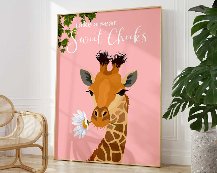 Take A Seat Sweet Cheeks Giraffe Bathroom Wall Art, Funny Animal Bathroom Print, Toilet Art, Maximalist Bathroom Decor, Kids Bathroom Poster