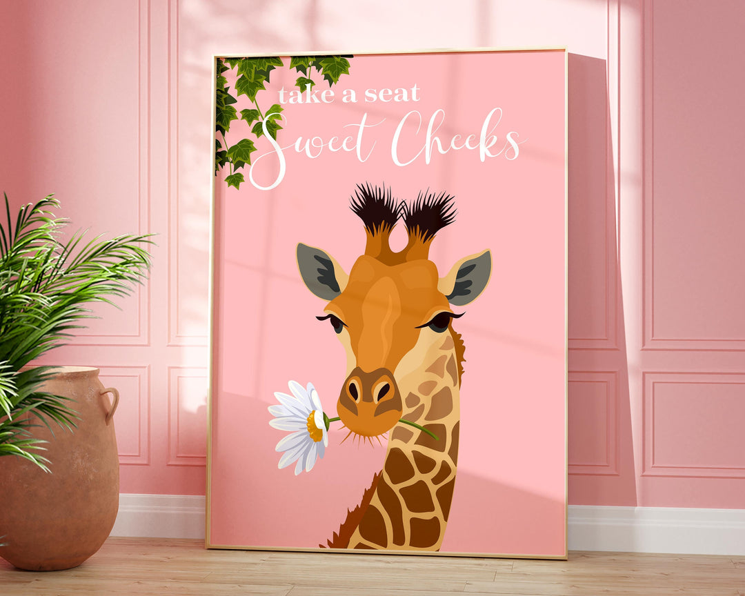 Take A Seat Sweet Cheeks Giraffe Bathroom Wall Art, Funny Animal Bathroom Print, Toilet Art, Maximalist Bathroom Decor, Kids Bathroom Poster