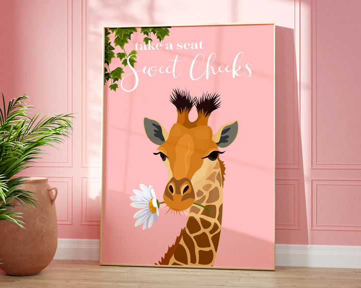 Take A Seat Sweet Cheeks Giraffe Bathroom Wall Art, Funny Animal Bathroom Print, Toilet Art, Maximalist Bathroom Decor, Kids Bathroom Poster