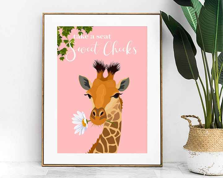 Take A Seat Sweet Cheeks Giraffe Bathroom Wall Art, Funny Animal Bathroom Print, Toilet Art, Maximalist Bathroom Decor, Kids Bathroom Poster