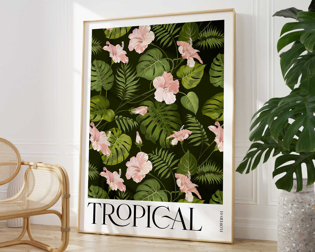 Tropical Pink Botanical Flower Print, Colourful Tropical Leaves Wall Art, Rainforest Poster, Wild Nature Paradise Living Room Home Decor