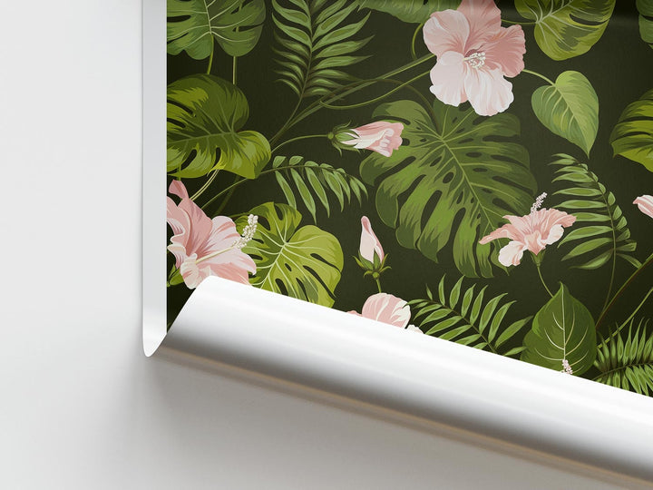 Tropical Pink Botanical Flower Print, Colourful Tropical Leaves Wall Art, Rainforest Poster, Wild Nature Paradise Living Room Home Decor