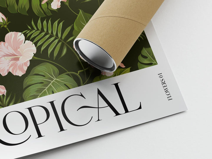 Tropical Pink Botanical Flower Print, Colourful Tropical Leaves Wall Art, Rainforest Poster, Wild Nature Paradise Living Room Home Decor