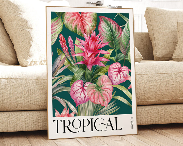 Tropical Pink Botanical Flower Print, Colourful Tropical Leaves Wall Art, Rainforest Poster, Wild Nature Paradise Living Room Home Decor