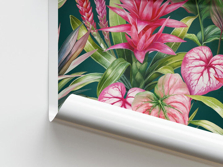 Tropical Pink Botanical Flower Print, Colourful Tropical Leaves Wall Art, Rainforest Poster, Wild Nature Paradise Living Room Home Decor
