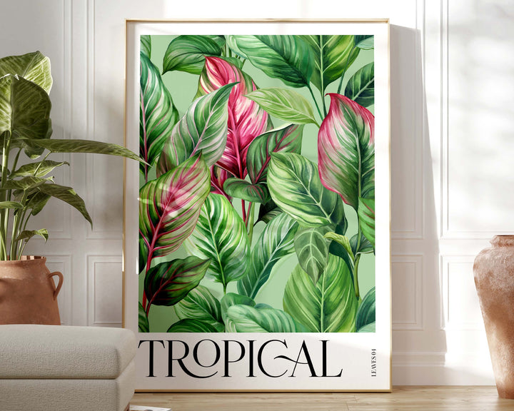 Pink Tropical Leaves Paradise Garden Print, Bold Botanical Leaves Wall Art, Rainforest Poster, Wild Nature Foliage Living Room Home Decor
