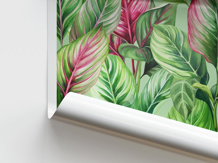 Pink Tropical Leaves Paradise Garden Print, Bold Botanical Leaves Wall Art, Rainforest Poster, Wild Nature Foliage Living Room Home Decor