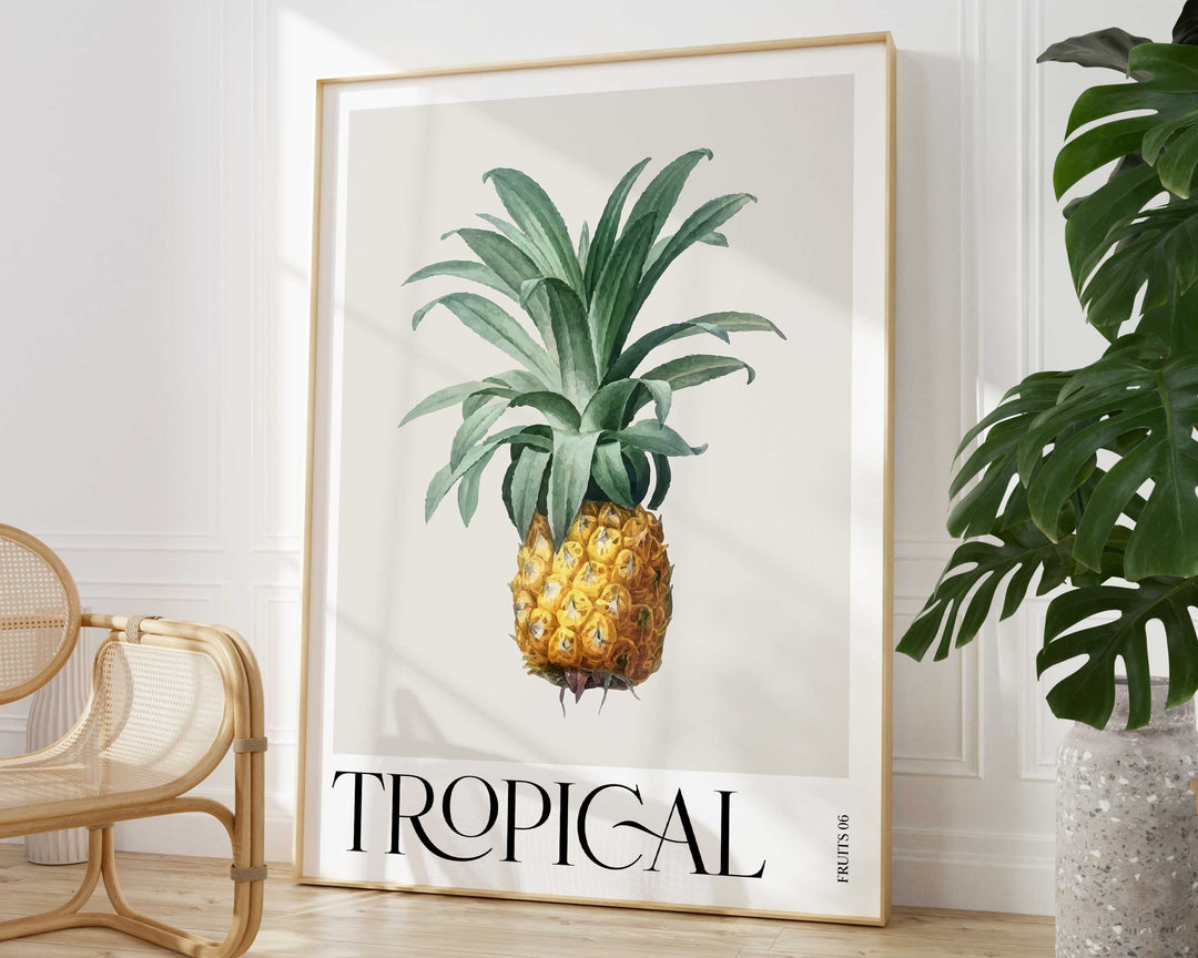 Tropical Fruit Pineapple Print, Colourful Botanical Tropical Leaves Wall Art, Watercolour Fruit Art Poster, Kitchen Living Room Home Decor