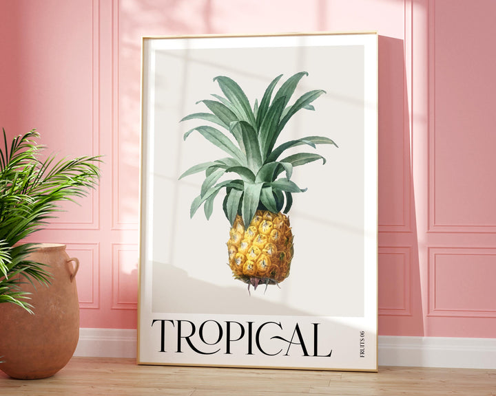 Tropical Fruit Pineapple Print, Colourful Botanical Tropical Leaves Wall Art, Watercolour Fruit Art Poster, Kitchen Living Room Home Decor