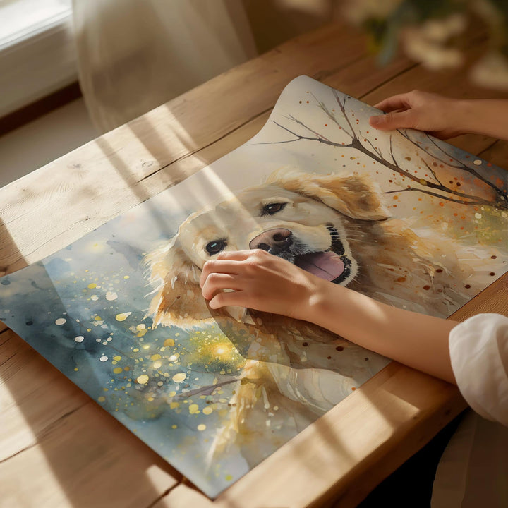 Dog Watercolour Print, Golden Retriever Pet Portrait, Animal Poster, Dog Gift For Owners, Living Room Bedroom Large Wall Art, Dog Lover Gift