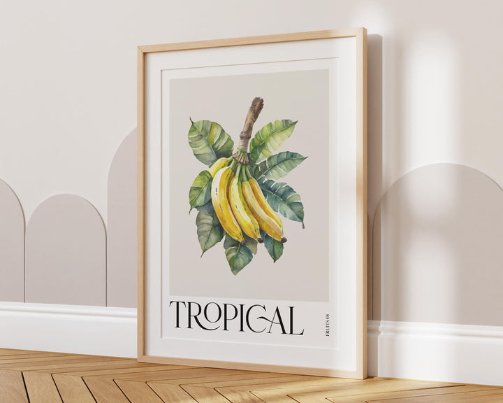 Tropical Fruit Banana Print, Colourful Botanical Tropical Leaves Wall Art, Watercolour Fruit Art Poster, Kitchen Living Room Home Decor