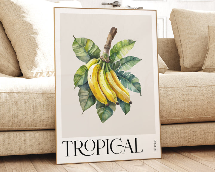 Tropical Fruit Banana Print, Colourful Botanical Tropical Leaves Wall Art, Watercolour Fruit Art Poster, Kitchen Living Room Home Decor
