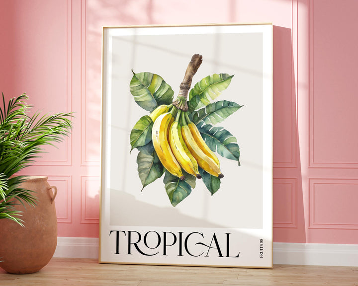 Tropical Fruit Banana Print, Colourful Botanical Tropical Leaves Wall Art, Watercolour Fruit Art Poster, Kitchen Living Room Home Decor
