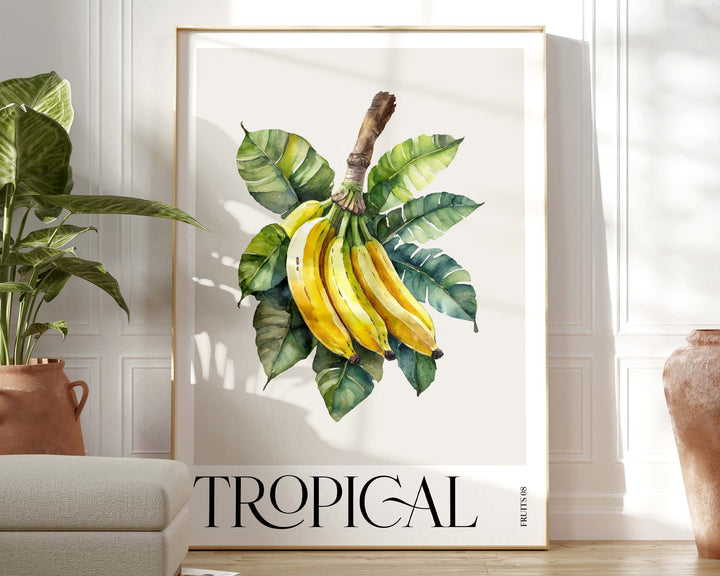 Tropical Fruit Banana Print, Colourful Botanical Tropical Leaves Wall Art, Watercolour Fruit Art Poster, Kitchen Living Room Home Decor