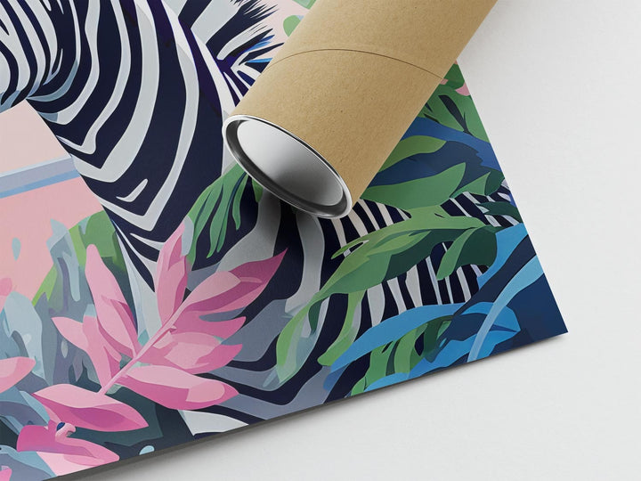 Tropical Zebra Bathroom Animal Print, Colourful Modern Fun Bathroom Home Decor, Pink Animal Poster, Eclectic Botanical Bathroom Wall Art