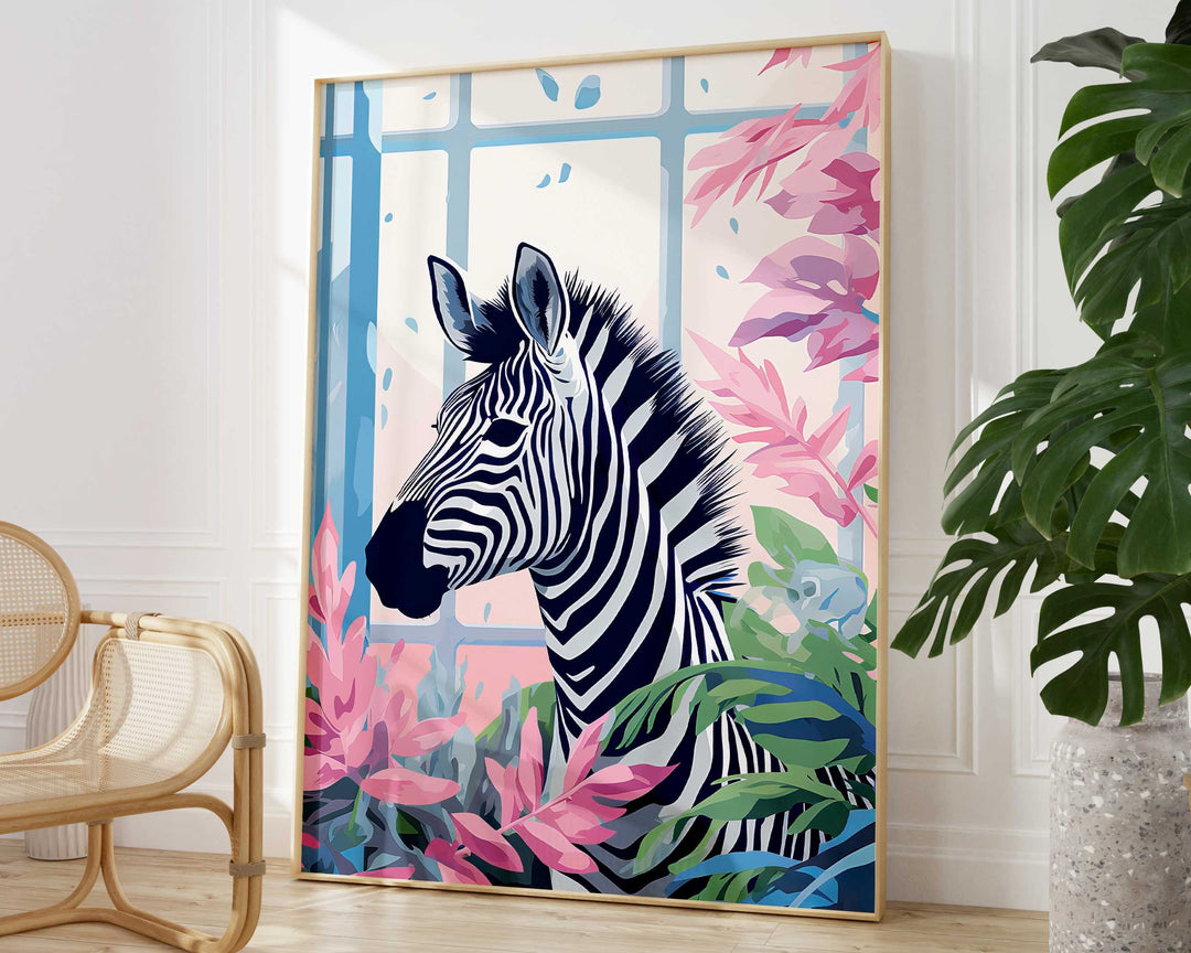 Tropical Zebra Bathroom Animal Print, Colourful Modern Fun Bathroom Home Decor, Pink Animal Poster, Eclectic Botanical Bathroom Wall Art