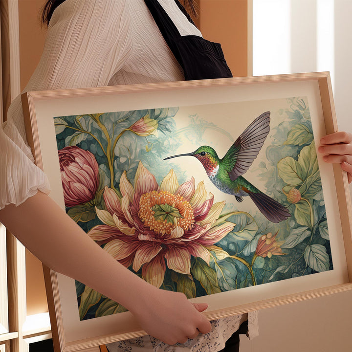 William Morris Style Hummingbird Print, Vintage Botanical Bird Art, Floral Flower Home Decor, Large Living Room Wall Art, Exhibition Poster