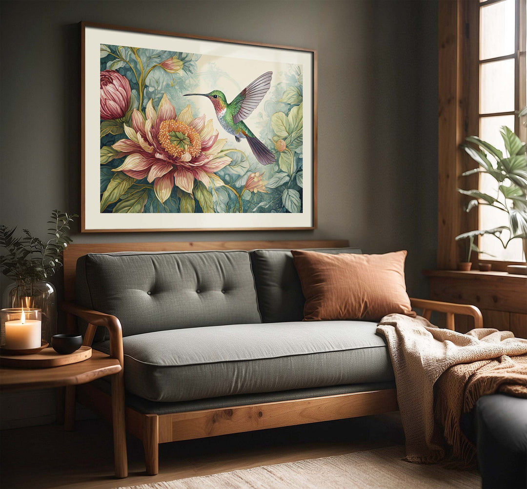 William Morris Style Hummingbird Print, Vintage Botanical Bird Art, Floral Flower Home Decor, Large Living Room Wall Art, Exhibition Poster