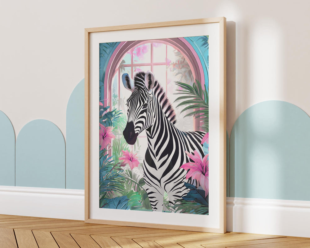 Tropical Zebra Animal Print, Colourful Modern Tropical Home Decor, Pink Animal Art Poster, Eclectic Botanical Living Room Bathroom Wall Art