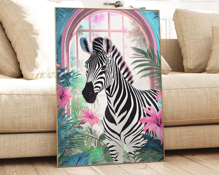 Tropical Zebra Animal Print, Colourful Modern Tropical Home Decor, Pink Animal Art Poster, Eclectic Botanical Living Room Bathroom Wall Art