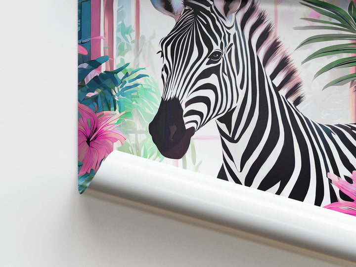 Tropical Zebra Animal Print, Colourful Modern Tropical Home Decor, Pink Animal Art Poster, Eclectic Botanical Living Room Bathroom Wall Art