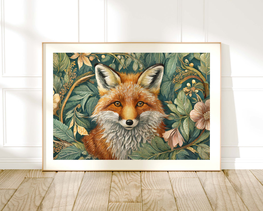 William Morris Style Fox Print, Vintage Botanical Wildlife Animal Print, Flower Floral Home Decor, Living Room Wall Art, Exhibition Poster
