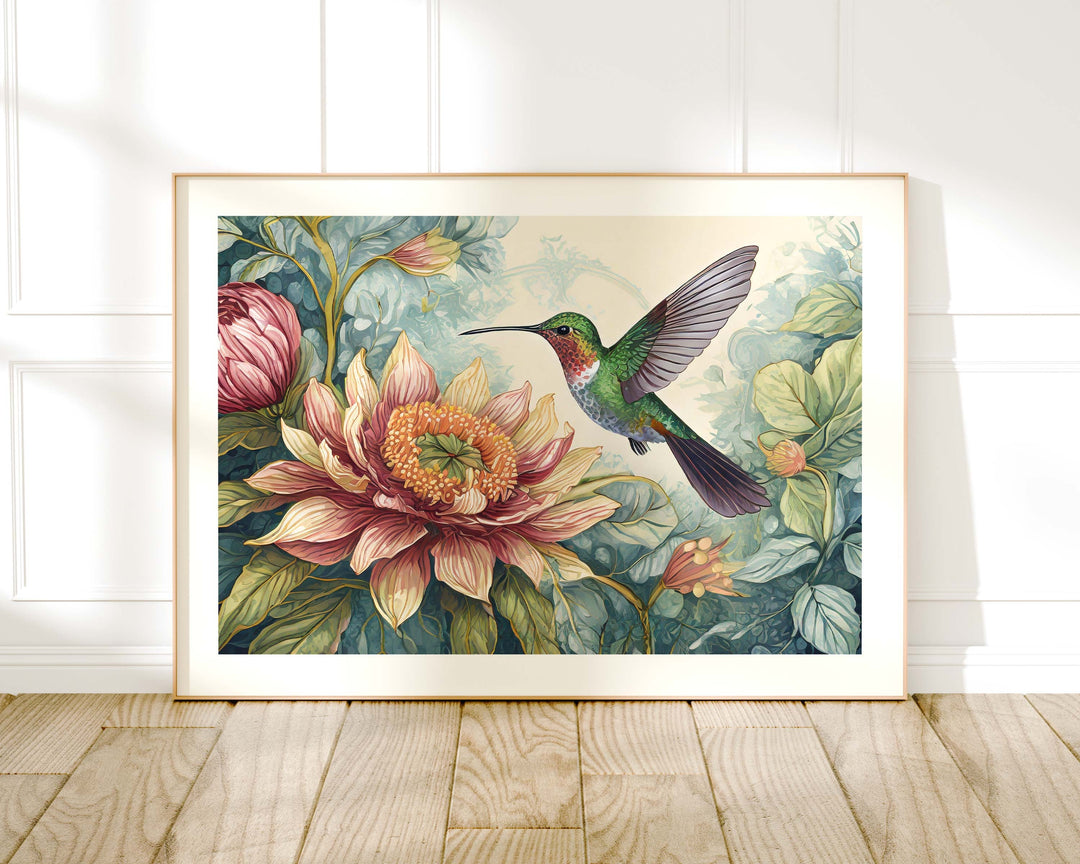 William Morris Style Hummingbird Print, Vintage Botanical Bird Art, Floral Flower Home Decor, Large Living Room Wall Art, Exhibition Poster