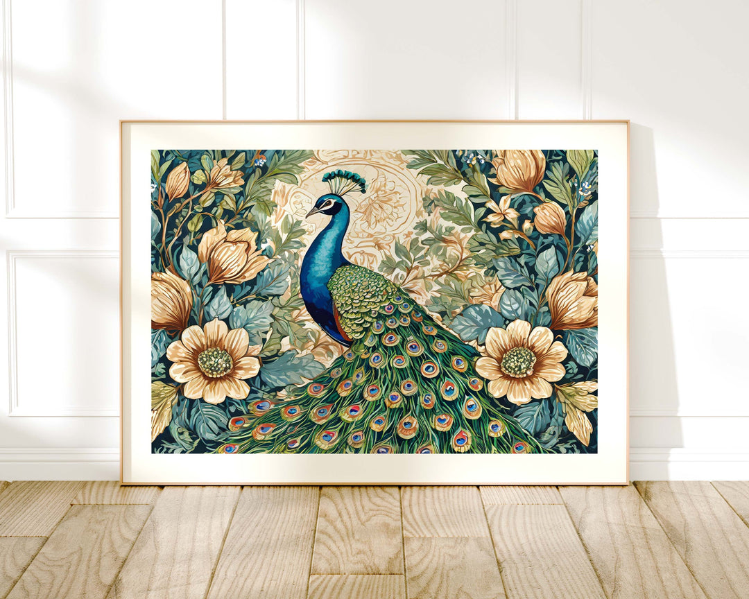 William Morris Style Peacock Print, Vintage Botanical Wildlife Bird Print, Flower Floral Home Decor, Living Room Wall Art, Exhibition Poster