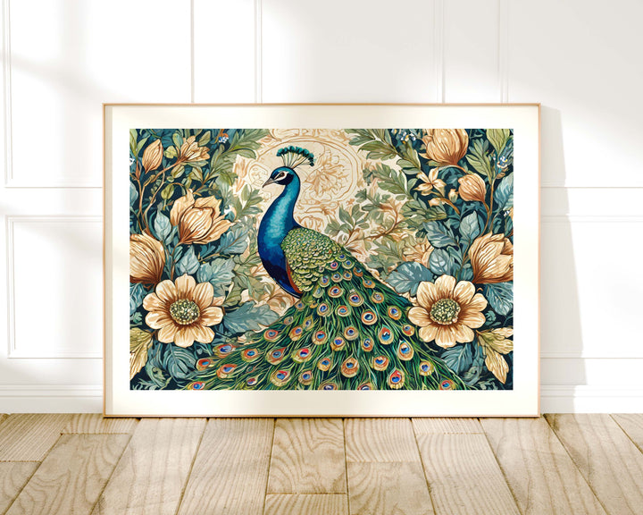 William Morris Style Peacock Print, Vintage Botanical Wildlife Bird Print, Flower Floral Home Decor, Living Room Wall Art, Exhibition Poster