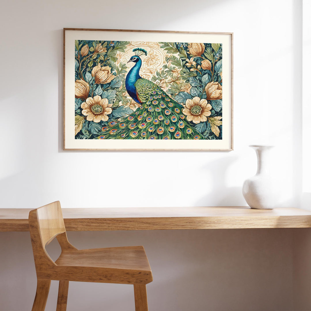 William Morris Style Peacock Print, Vintage Botanical Wildlife Bird Print, Flower Floral Home Decor, Living Room Wall Art, Exhibition Poster