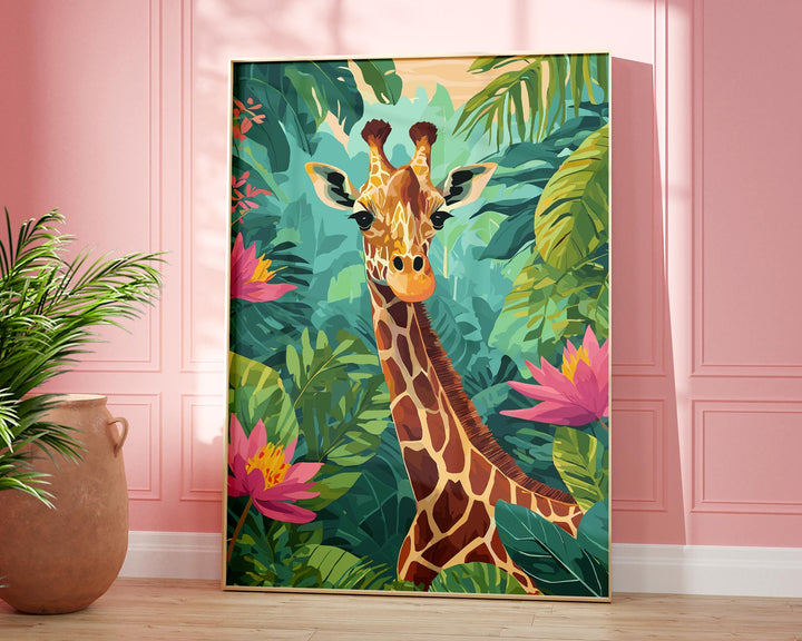 Tropical Giraffe Animal Print, Colourful Rainforest Jungle Print, Animal Poster, Botanical Living Room Wall Art Inspired By Henri Rousseau