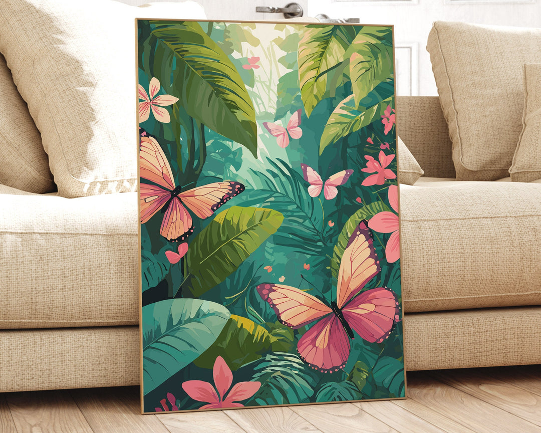 Tropical Rainforest Butterflies Print, Colourful Jungle Wildlife Illustration, Botanical Living Room Wall Art, Inspired By Henri Rousseau