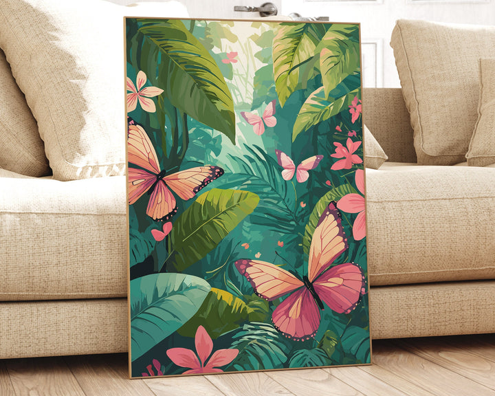 Tropical Rainforest Butterflies Print, Colourful Jungle Wildlife Illustration, Botanical Living Room Wall Art, Inspired By Henri Rousseau