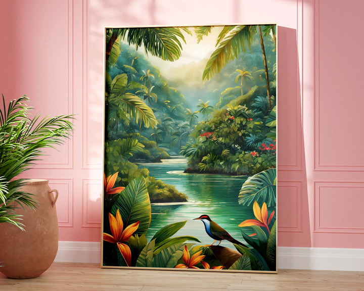 Tropical Bird Botanical Print, Colourful Rainforest Jungle Wall Art, Animal Poster, Botanical Plants Flower Art Inspired By Henri Rousseau