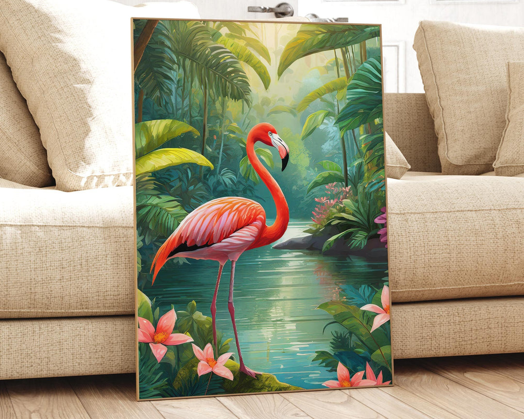 Tropical Flamingo Bird Print, Colourful Rainforest Jungle Wall Art, Botanical Animal Print, Living Room Decor Inspired By Henri Rousseau