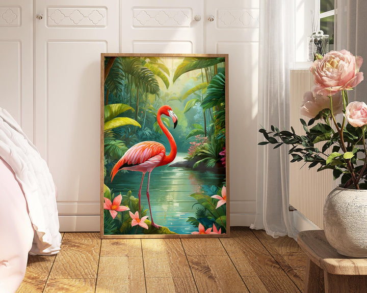 Tropical Flamingo Bird Print, Colourful Rainforest Jungle Wall Art, Botanical Animal Print, Living Room Decor Inspired By Henri Rousseau