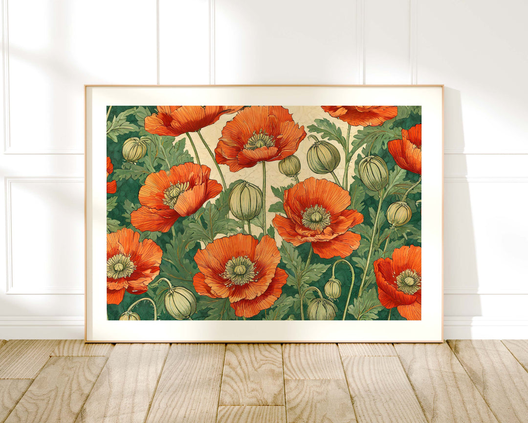 William Morris Style Vintage Botanical Poppies Print, Vintage Floral Wall Decor, Poppy Flowers Large Living Room Wall Art, Botanical Gifts