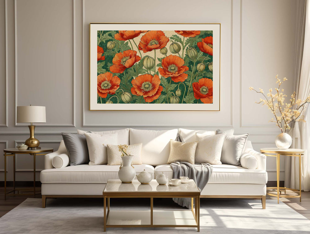 William Morris Style Vintage Botanical Poppies Print, Vintage Floral Wall Decor, Poppy Flowers Large Living Room Wall Art, Botanical Gifts