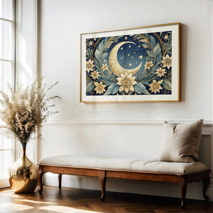 Moon And Stars William Morris Style Print, Celestial Wall Decor, Vintage Botanical Moon Art Print, Living Room Wall Art, Exhibition Poster