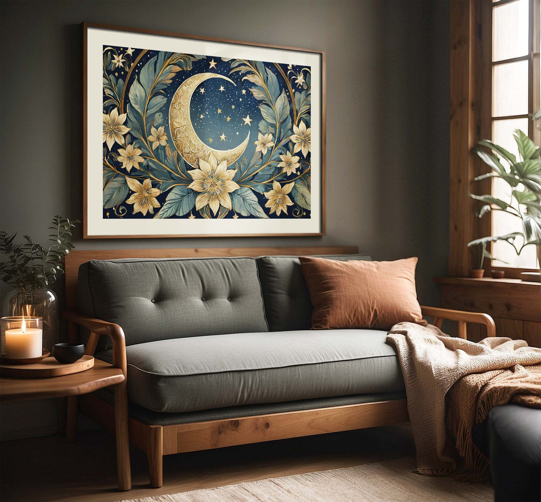 Moon And Stars William Morris Style Print, Celestial Wall Decor, Vintage Botanical Moon Art Print, Living Room Wall Art, Exhibition Poster